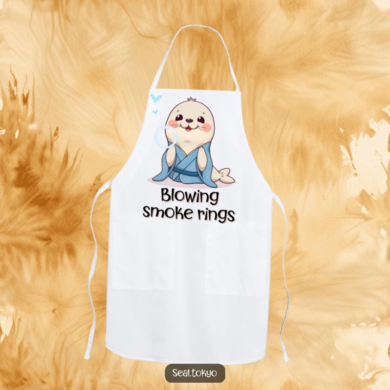 Funny Seal Apron: A smiling seal in a blue kimono, gracefully blowing a bubble ring, great for kitchen use.