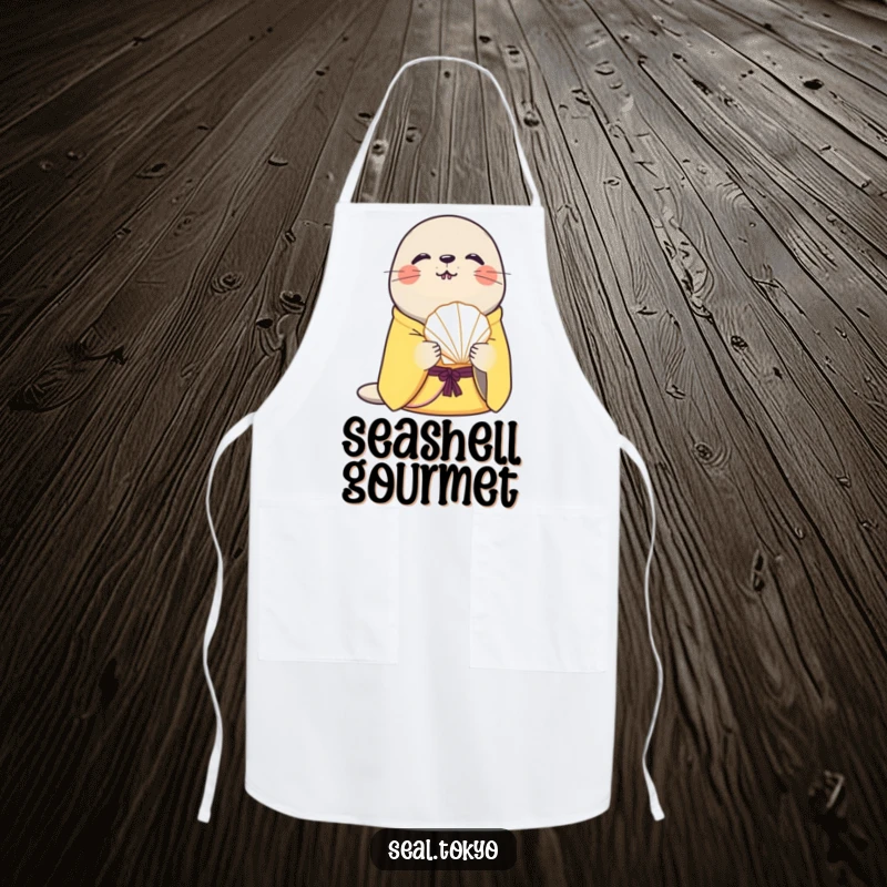 Funny curious seal in a yellow kimono offers a delicate seashell on a kitchen apron, blending humor with functional kitchenware.