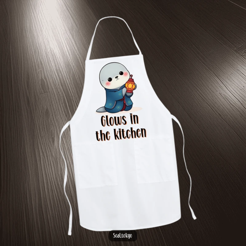 Funny elegant seal in a deep blue kimono holds a lit ornate lantern on a kitchen apron, blending style with humorous practicality.