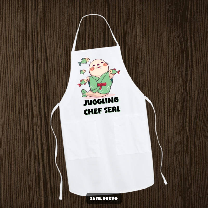 Funny seal wearing a green kimono, juggling three fish, printed on a kitchen apron for a humorous and practical cooking accessory.