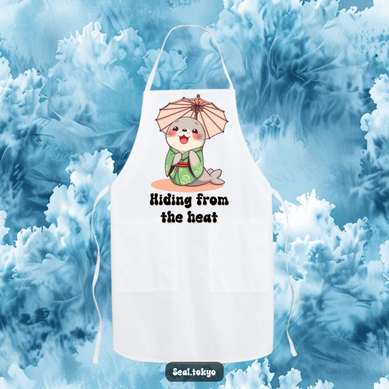 Funny Seal Apron: A delighted cartoon seal in a green kimono, curiously peeking from behind a parasol, great for kitchen use.
