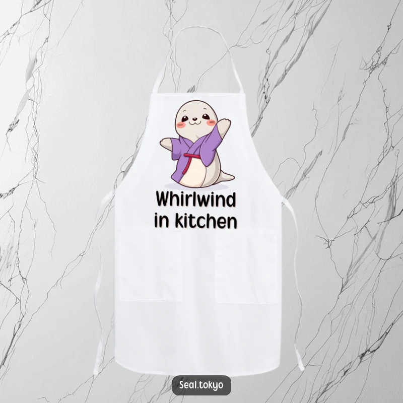 Funny Seal Apron: A graceful cartoon seal in a purple kimono, doing a gentle, elegant spin, great for kitchen use.
