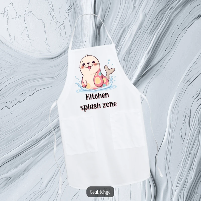 Funny Seal Apron: A cute cartoon seal in a vibrant kimono, playfully splashing water, great for chefs.