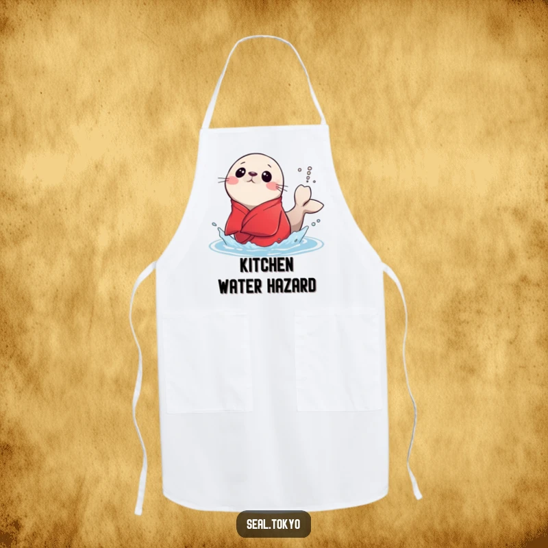 Funny surprised seal in a red kimono accidentally splashing water with its tail on a kitchen apron, adding humor to cooking.