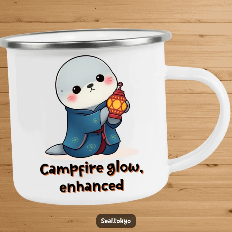 Funny elegant seal in a deep blue kimono holds a lit ornate lantern on a durable camping mug, perfect for nighttime sips humorously.