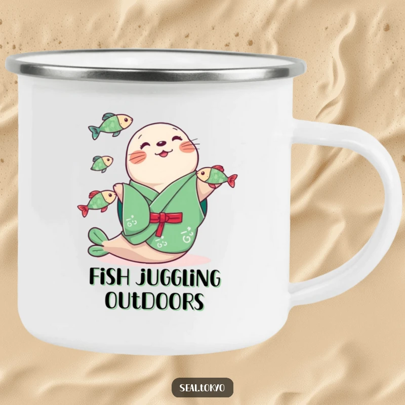 Funny seal in a green kimono juggling three fish, on a durable camping mug, ready for outdoor fun and humorous sips.