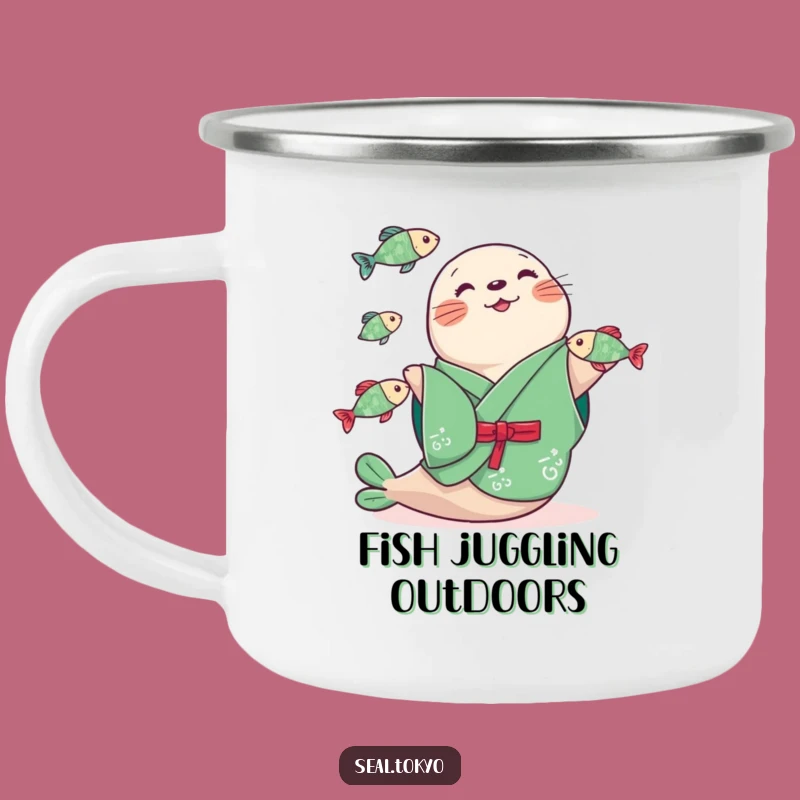 Funny Seal Juggling Fish Camping Mug: Adventure Fuel with a Side of Laughs