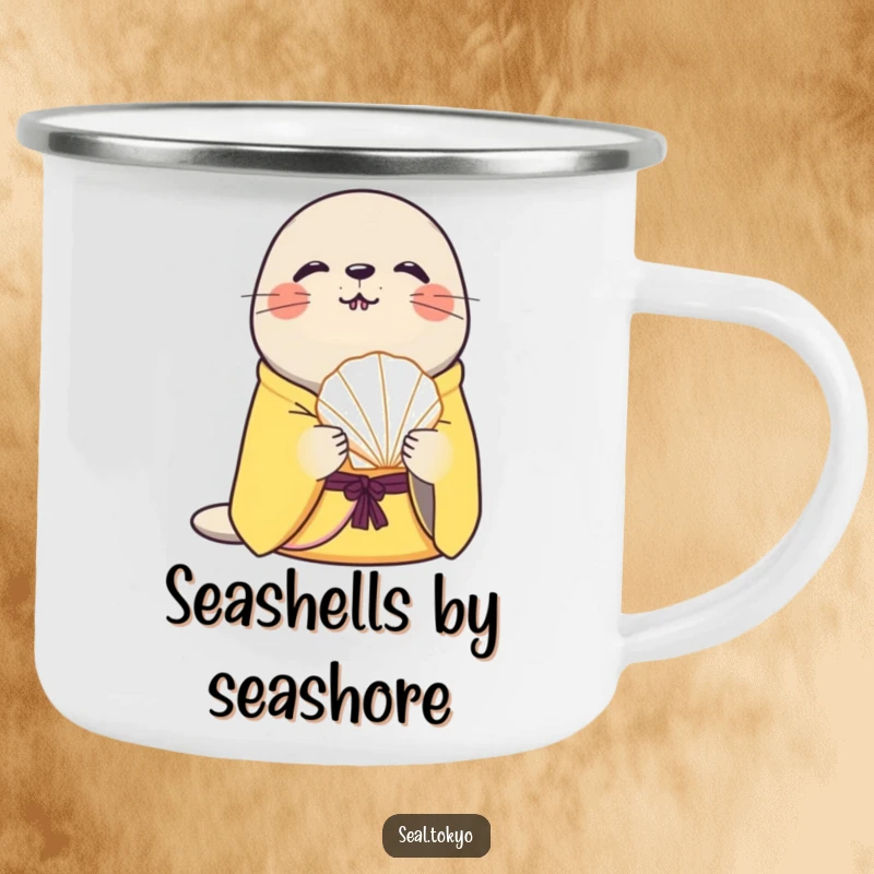 Funny curious seal in a yellow kimono offers a seashell on a durable camping mug, perfect for enjoying beverages outdoors humorously.