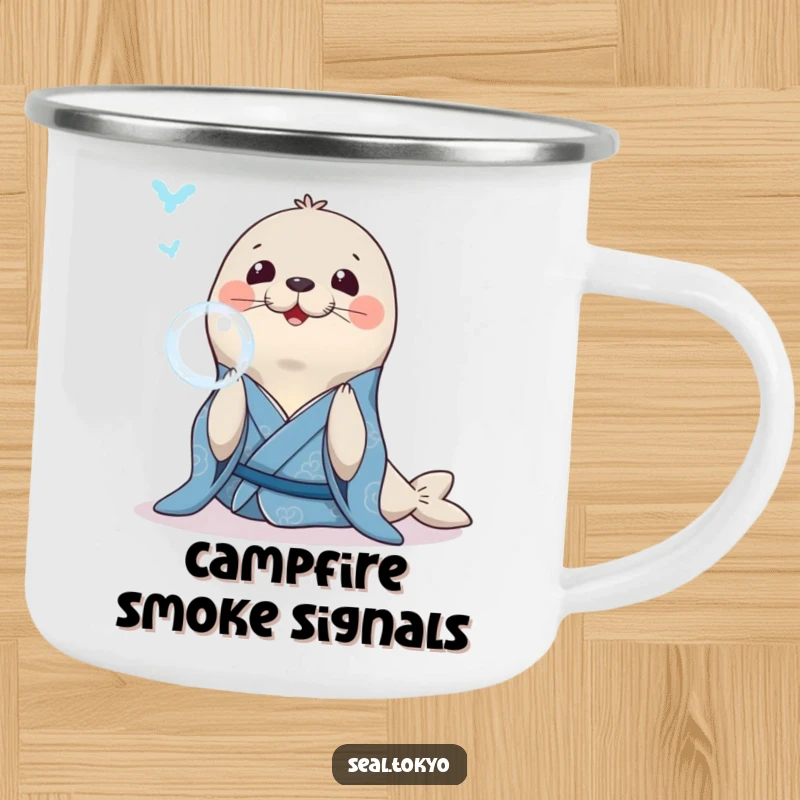 Funny Seal Camping Mug: A smiling seal in a blue kimono, gracefully blowing a bubble ring, ideal for serene camping.