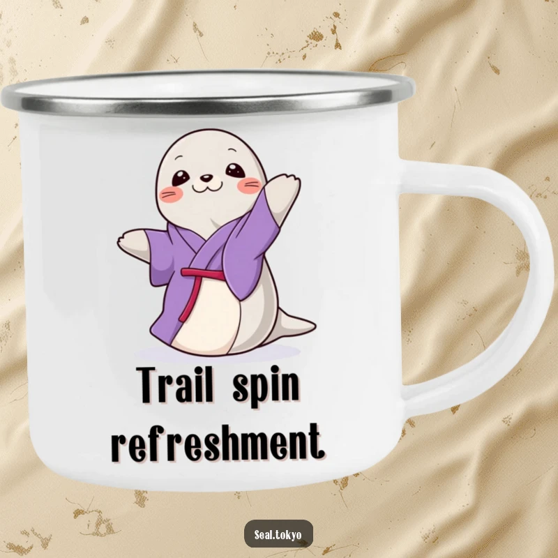 Funny Seal Camping Mug: A graceful cartoon seal in a purple kimono, doing a gentle, elegant spin, ideal for elegant camping.