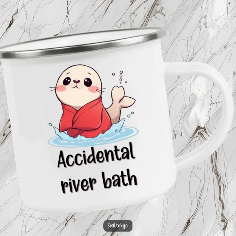 Funny surprised seal in a red kimono splashing water with its tail on a durable camping mug, perfect for humorous outdoor beverages.