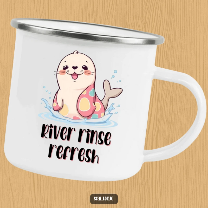 Funny Seal Camping Mug: A cute cartoon seal in a vibrant kimono, playfully splashing water, ideal for camp trips.