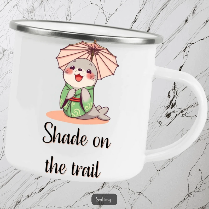 Funny Seal Camping Mug: A delighted cartoon seal in a green kimono, curiously peeking from behind a parasol, ideal for camping.