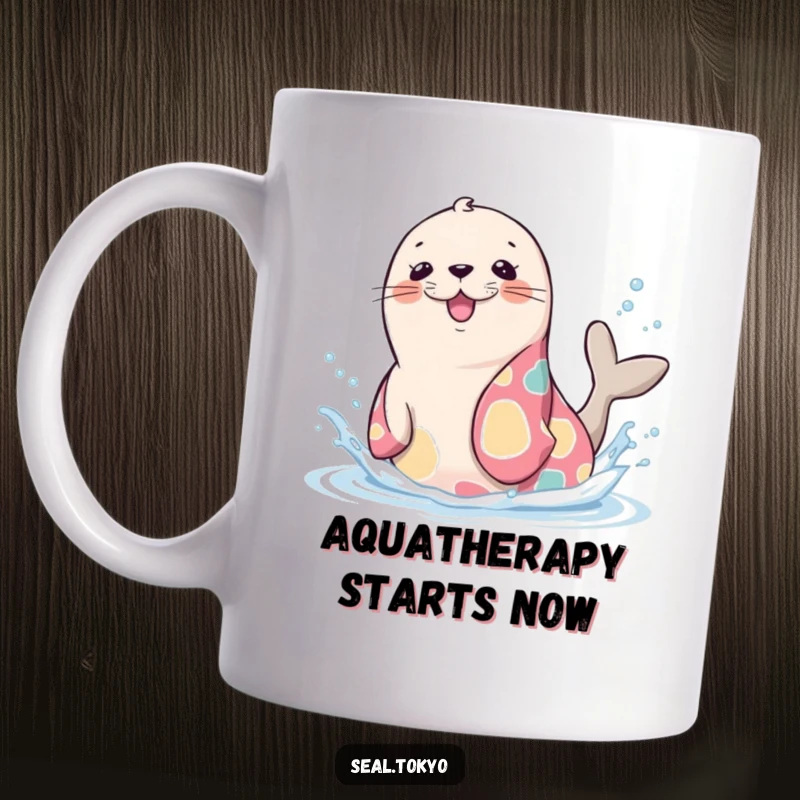 Funny Seal Mug: A cute cartoon seal wearing a vibrant kimono, playfully splashing water with a happy expression.