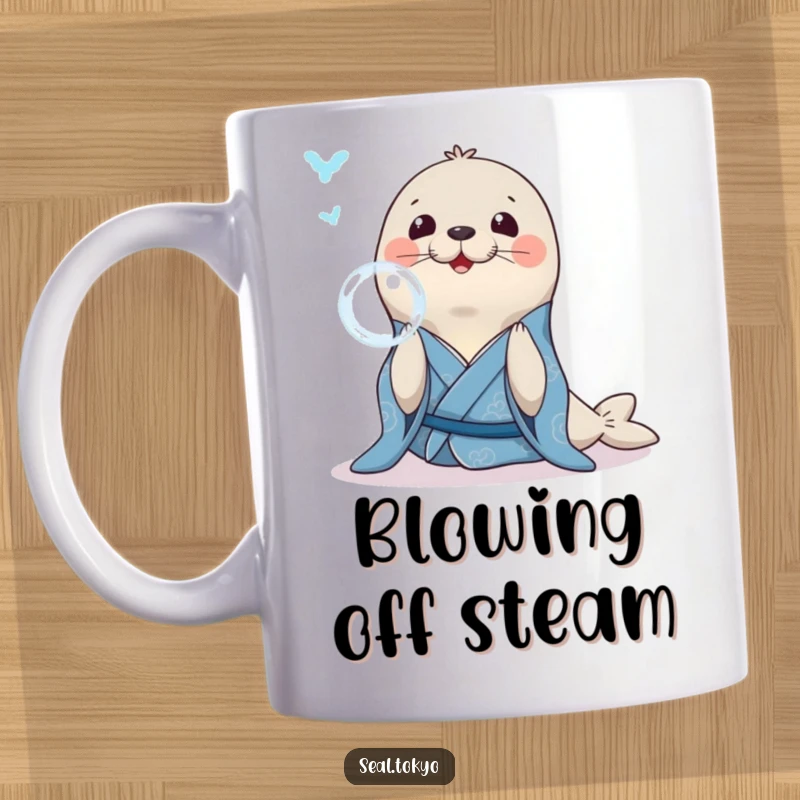 Funny Seal Mug: A smiling seal wearing a blue kimono, gracefully blowing a bubble ring with a peaceful expression.