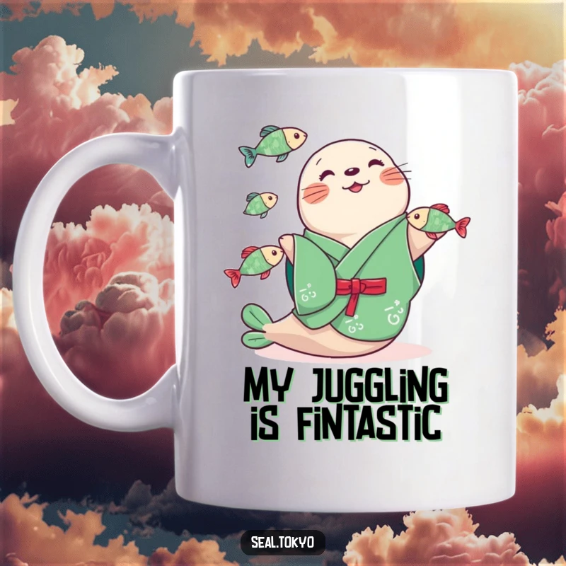 Funny seal in a green kimono playfully juggling three small fish on a ceramic mug, capturing pure joy and aquatic antics.