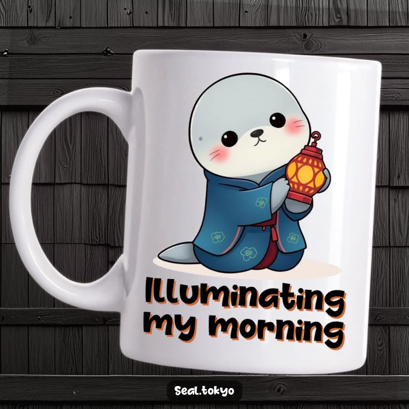 Funny elegant seal in a deep blue kimono serenely holding a lit ornate lantern on a ceramic mug, evoking peace and soft light.