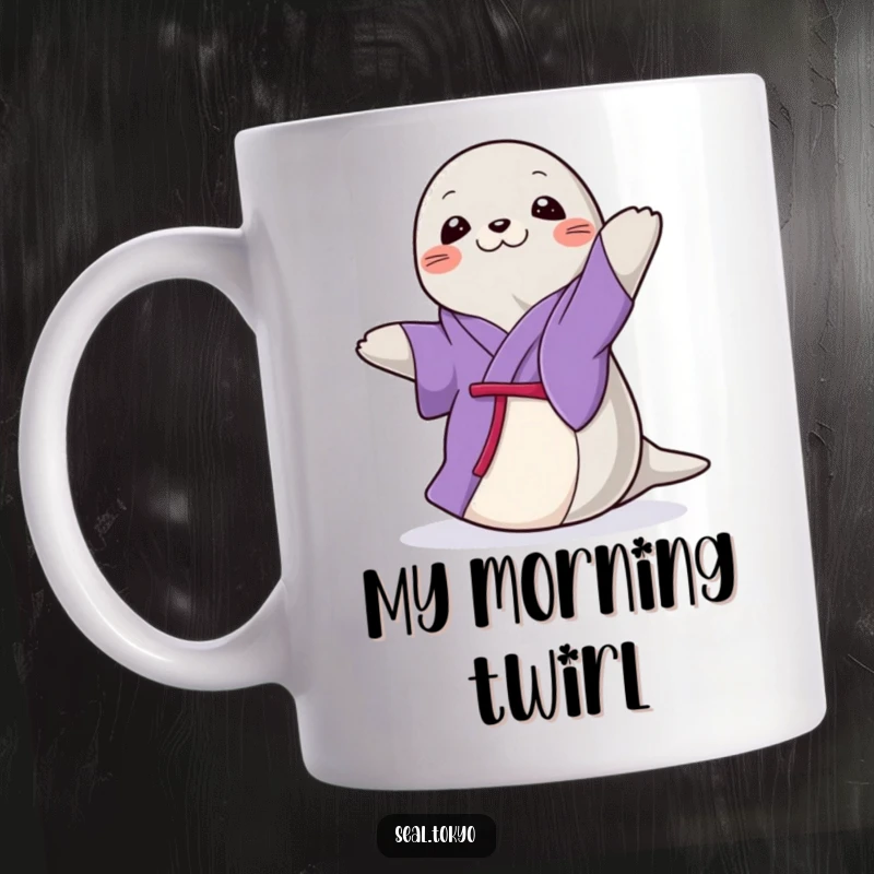 Funny Seal Mug: A graceful cartoon seal wearing a purple kimono, doing a gentle, elegant spin with poise.