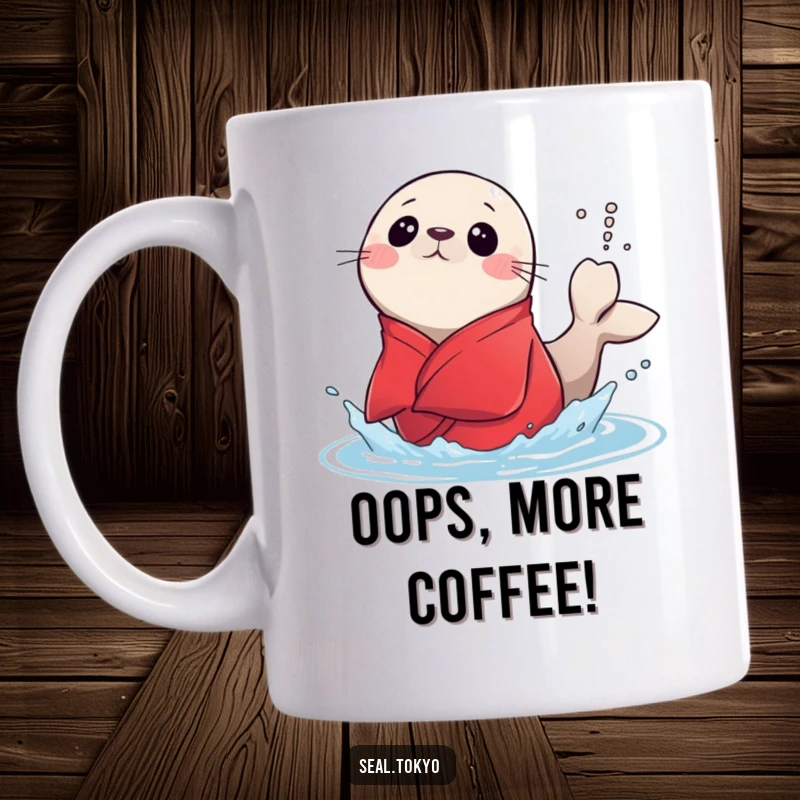 Funny surprised seal in a red kimono accidentally splashes water with its tail on a ceramic mug, capturing a moment of pure shock.