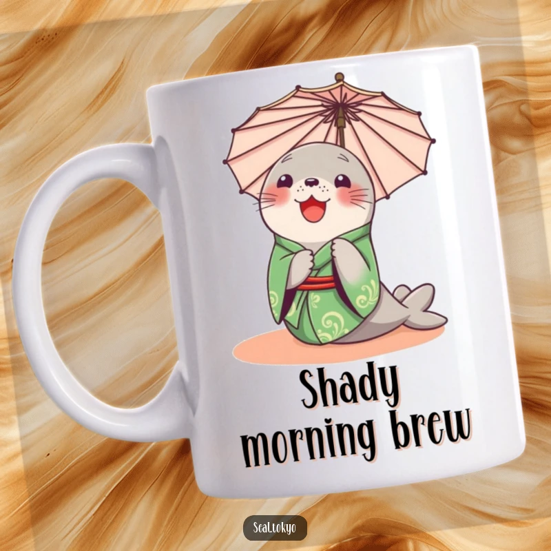 Funny Seal Mug: A delighted cartoon seal wearing a green kimono, curiously peeking from behind a parasol.