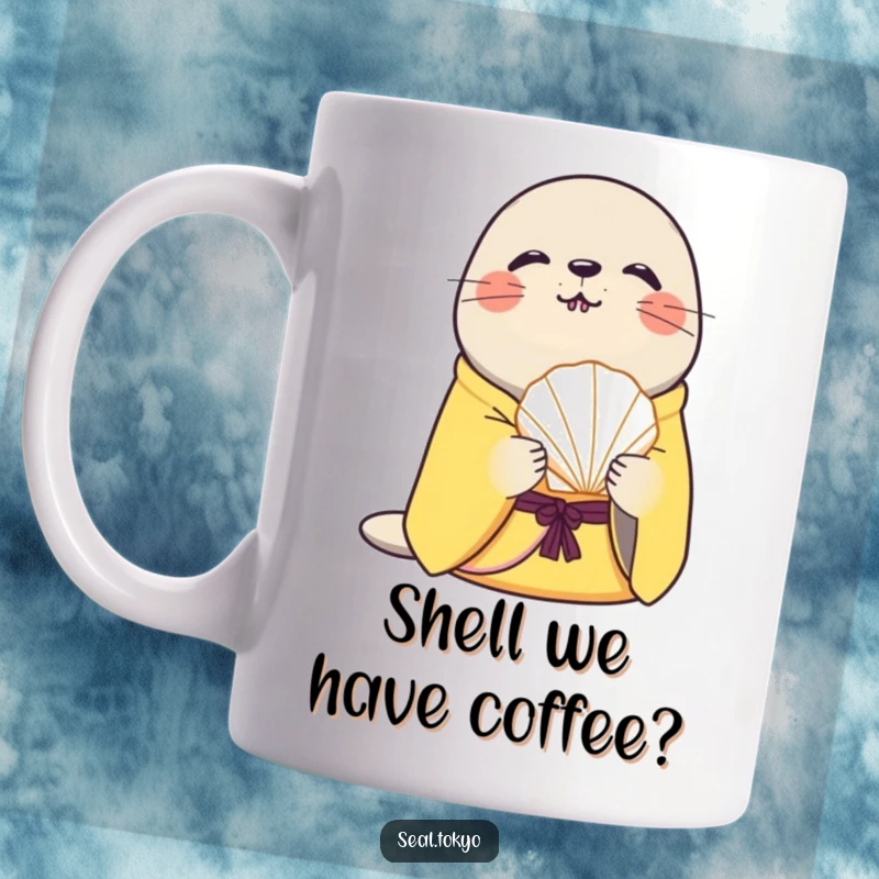 Funny curious seal in a yellow kimono gently offering a stylized seashell on a ceramic mug, evoking a sense of wonder and calm.