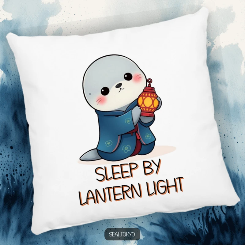 Funny elegant seal in a deep blue kimono holds a lit ornate lantern on a soft pillow, providing calm and humorous decor.