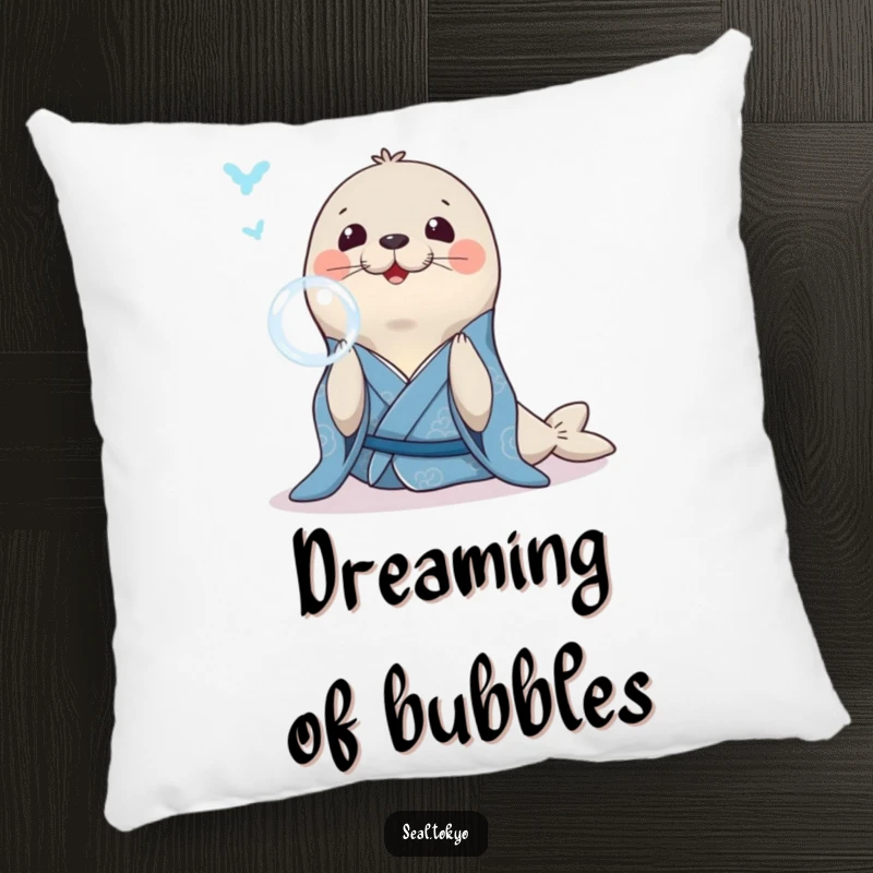 Funny Seal Pillow: A smiling seal in a blue kimono, gracefully blowing a bubble ring, perfect for cozy evenings.