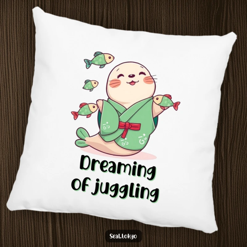 Funny seal in a green kimono juggling three fish, depicted on a soft, decorative pillow, offering comfort and a humorous visual.