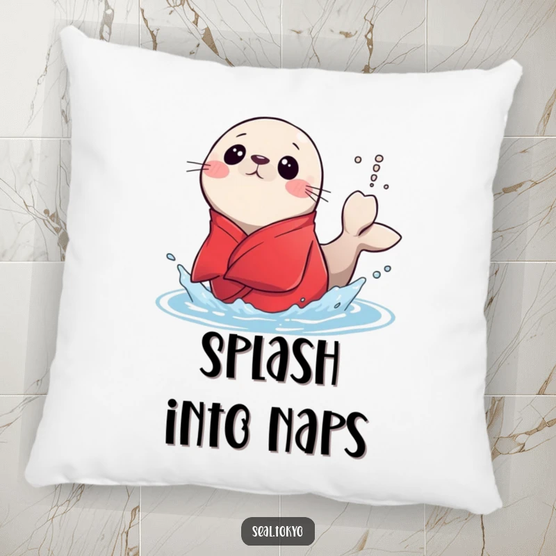 Funny surprised seal in a red kimono splashing water with its tail on a soft pillow, perfect for adding humor to any room.