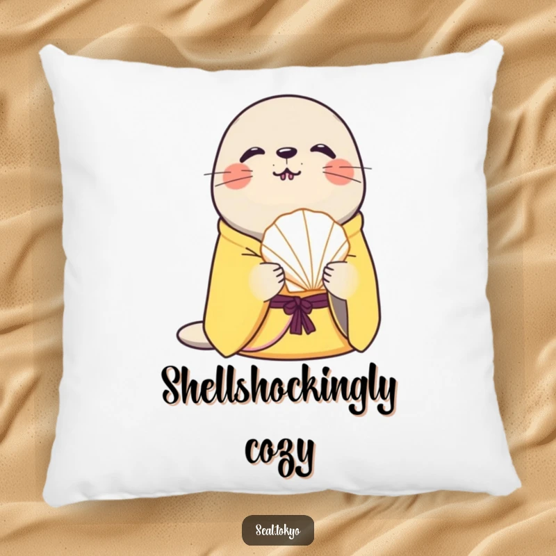 Funny curious seal in a yellow kimono holds a delicate seashell on a soft pillow, providing comfort and seaside-themed humor.