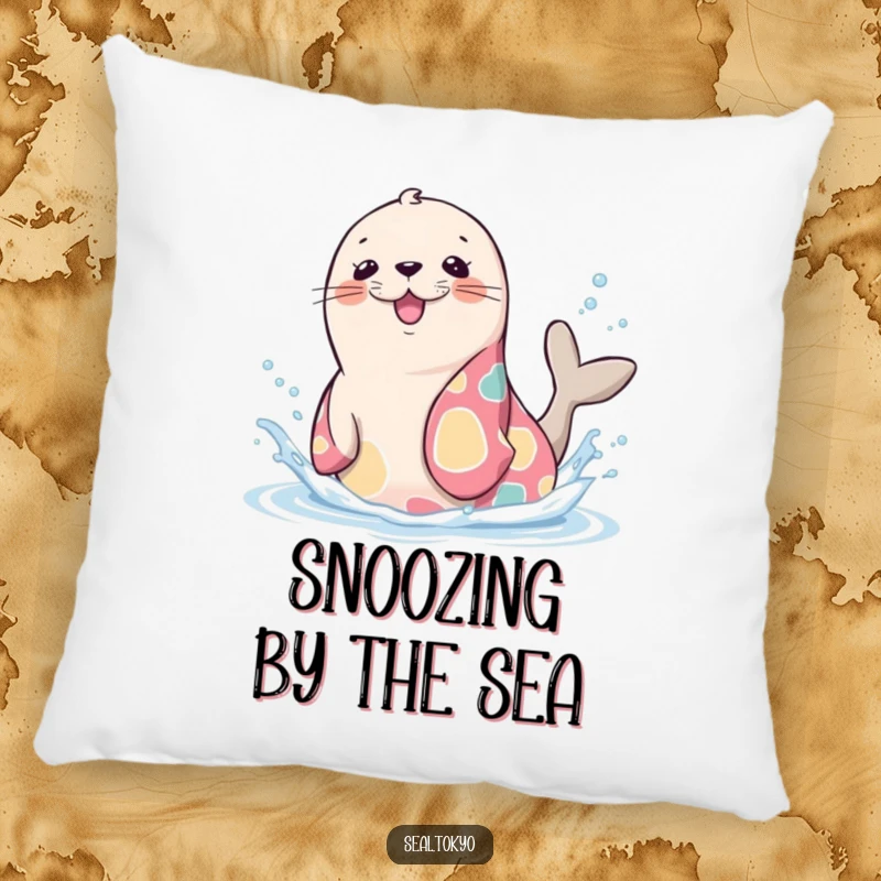 Funny Seal Pillow: A cute cartoon seal in a vibrant kimono, playfully splashing water, perfect for cozy moments.