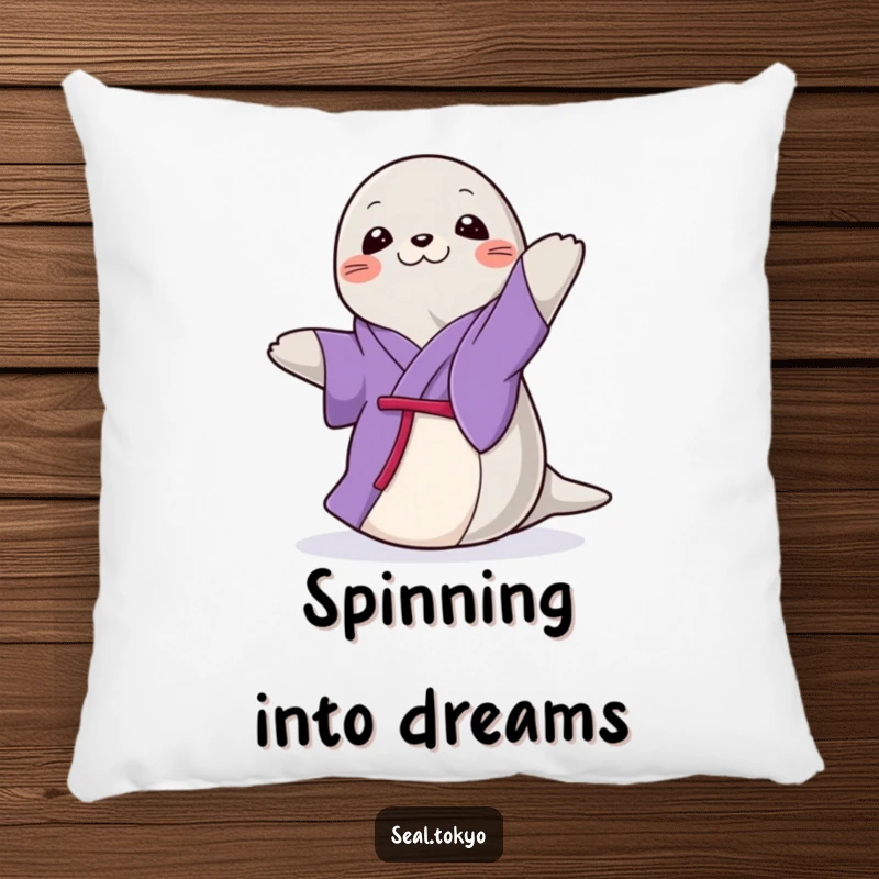 Funny Seal Pillow: A graceful cartoon seal in a purple kimono, doing a gentle, elegant spin, perfect for relaxing moments.