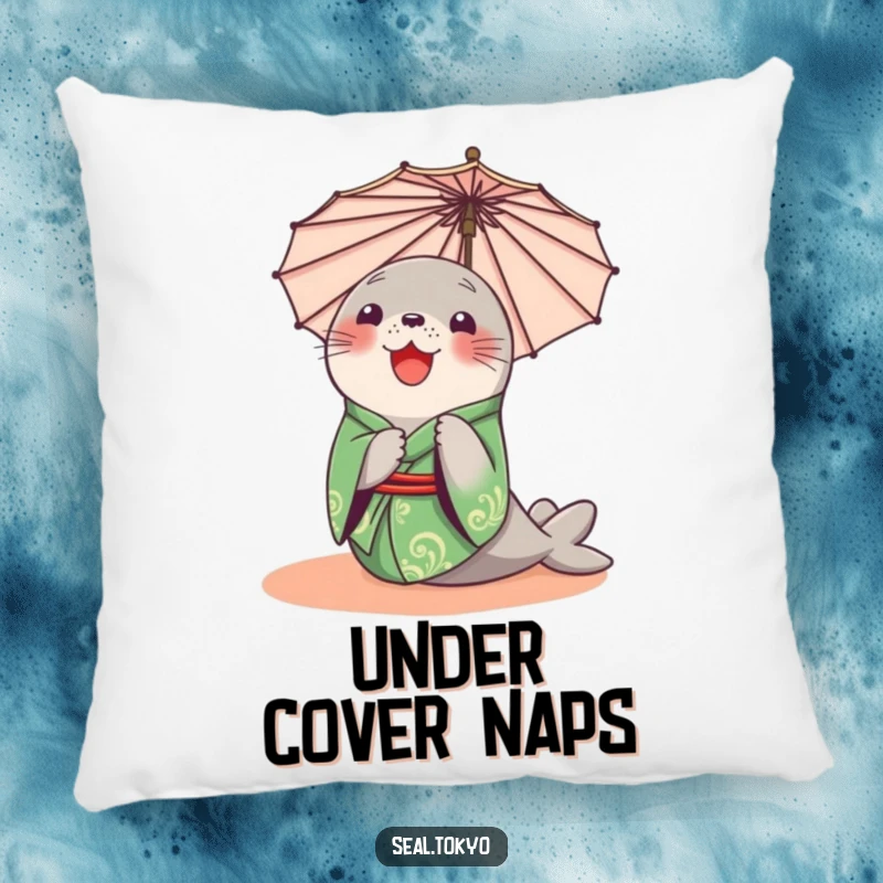 Funny Seal Pillow: A delighted cartoon seal in a green kimono, curiously peeking from behind a parasol, perfect for cozy moments.