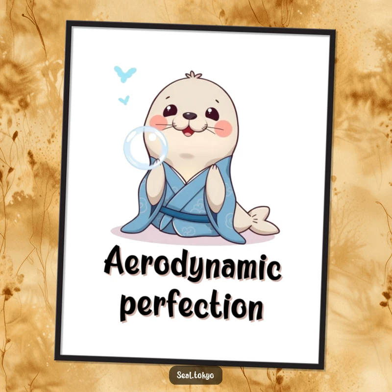 Funny Seal Digital Art Print: A smiling seal in a blue kimono, gracefully blowing a bubble ring, perfect for calm decor.