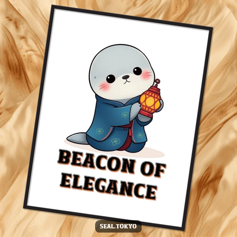 Funny elegant seal in a deep blue kimono holding a lit ornate lantern, as a digital art print, bringing serene and sophisticated humor.