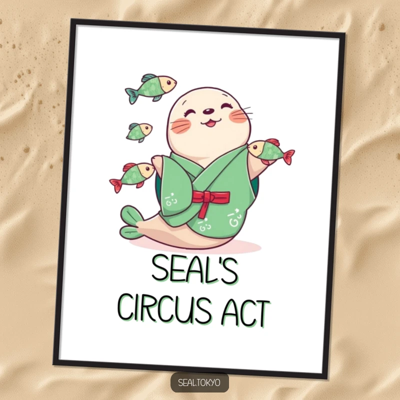Funny seal in a green kimono energetically juggling three small fish, as a digital art print, bringing instant joy and humor.