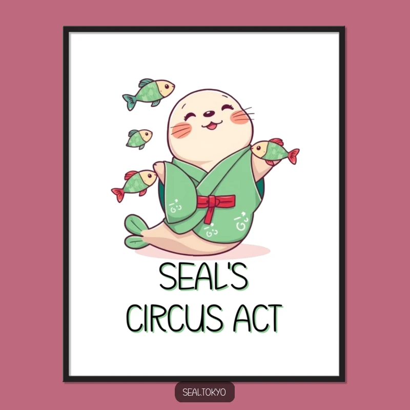 Funny Seal Juggling Fish Digital Art: Instant Humor for Your Walls