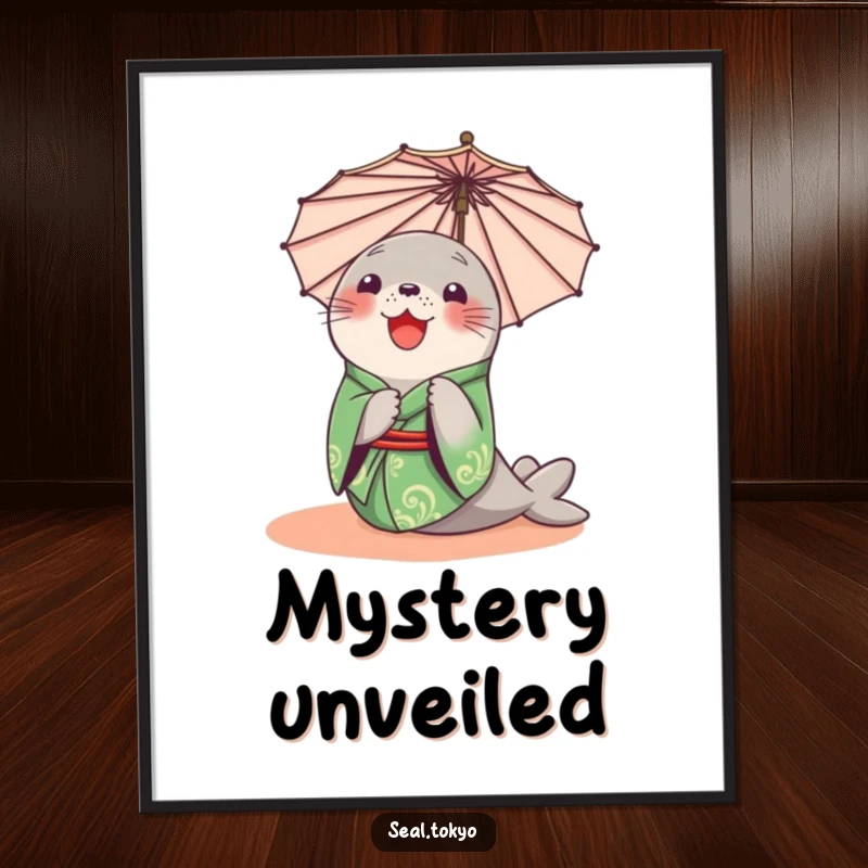 Funny Seal Digital Art Print: A delighted cartoon seal in a green kimono, curiously peeking from behind a parasol, perfect for playful decor.