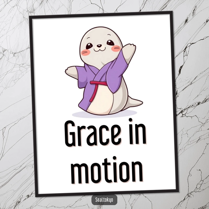 Funny Seal Digital Art Print: A graceful cartoon seal in a purple kimono, doing a gentle, elegant spin, perfect for elegant decor.