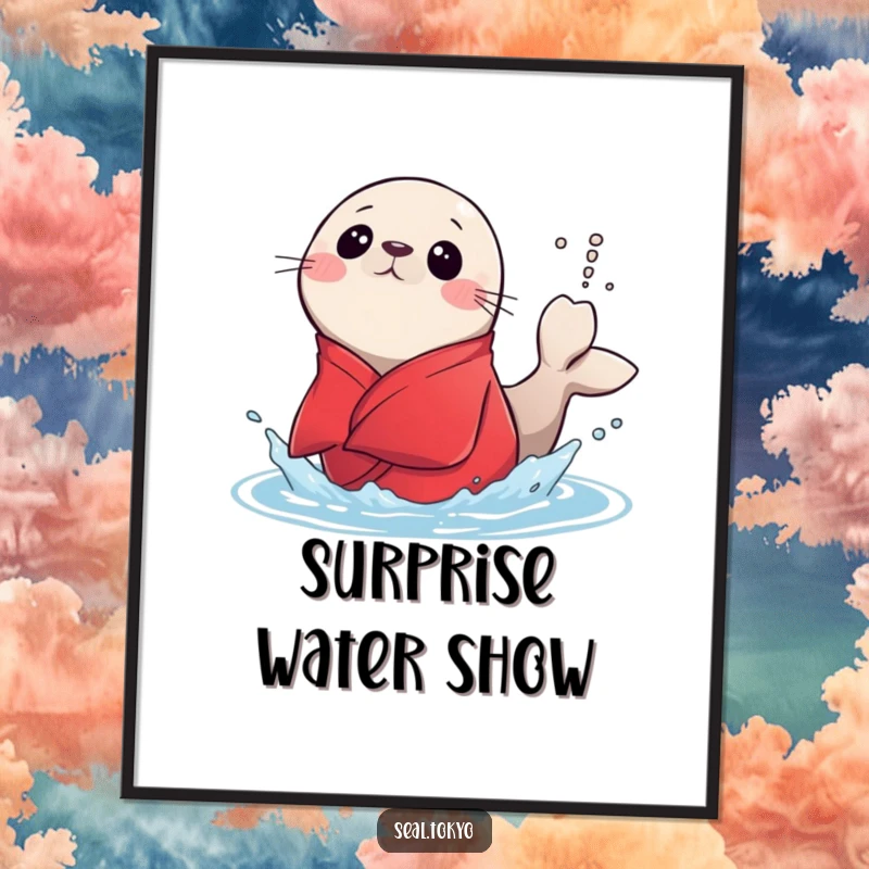 Funny surprised seal in a red kimono accidentally splashing water with its tail, as a digital art print, bringing energetic humor.