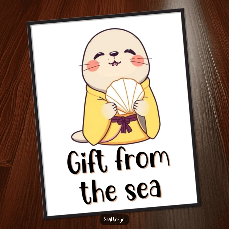 Funny curious seal in a yellow kimono offers a delicate seashell as a digital art print, conveying peaceful curiosity and humor.