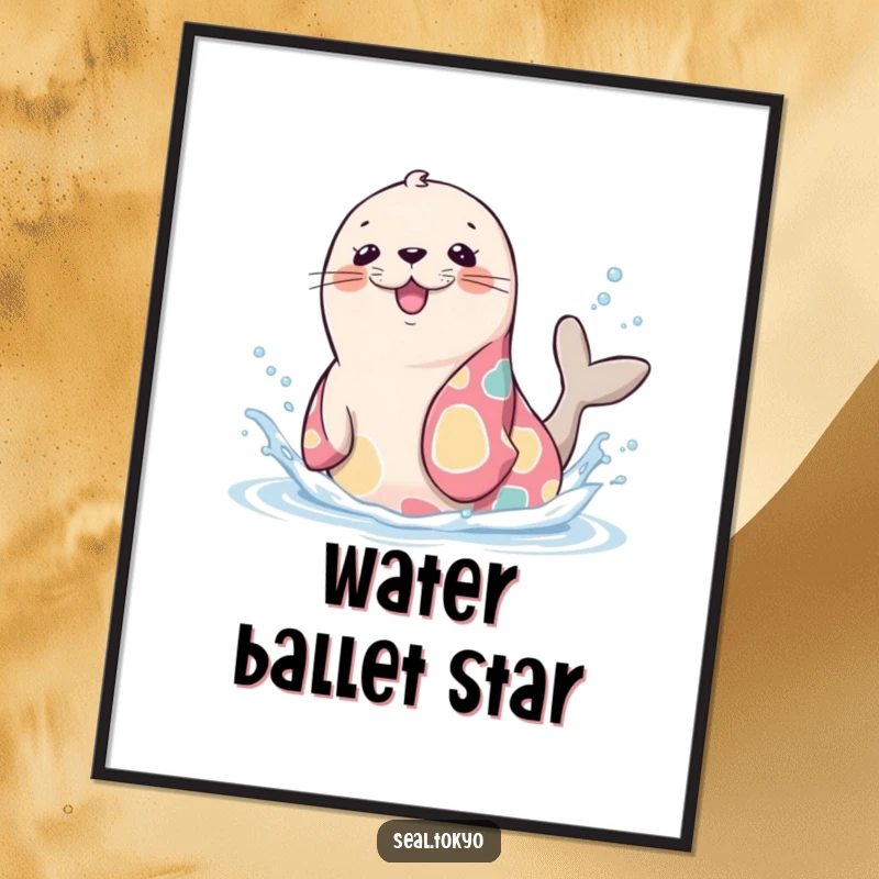 Funny Seal Digital Art Print: A cute cartoon seal in a vibrant kimono, playfully splashing water, perfect for instant decor.