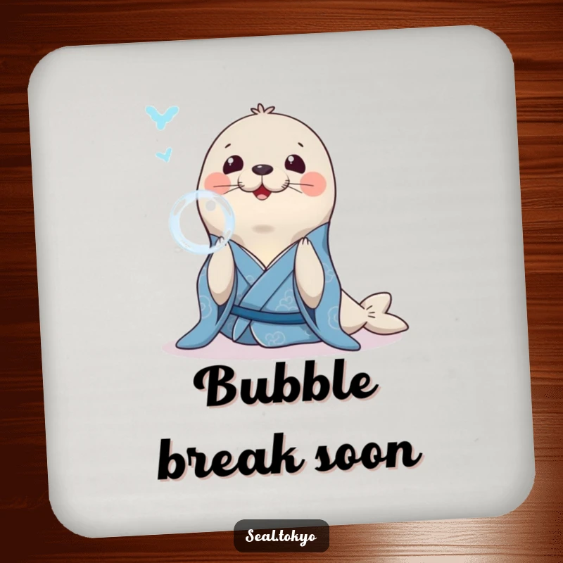 Funny Seal Coaster: A smiling seal in a blue kimono, gracefully blowing a bubble ring, great for tabletops.