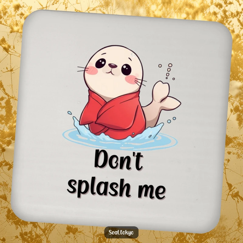 Funny surprised seal in a red kimono splashing water with its tail on a drink coaster, adding a humorous touch to any surface.
