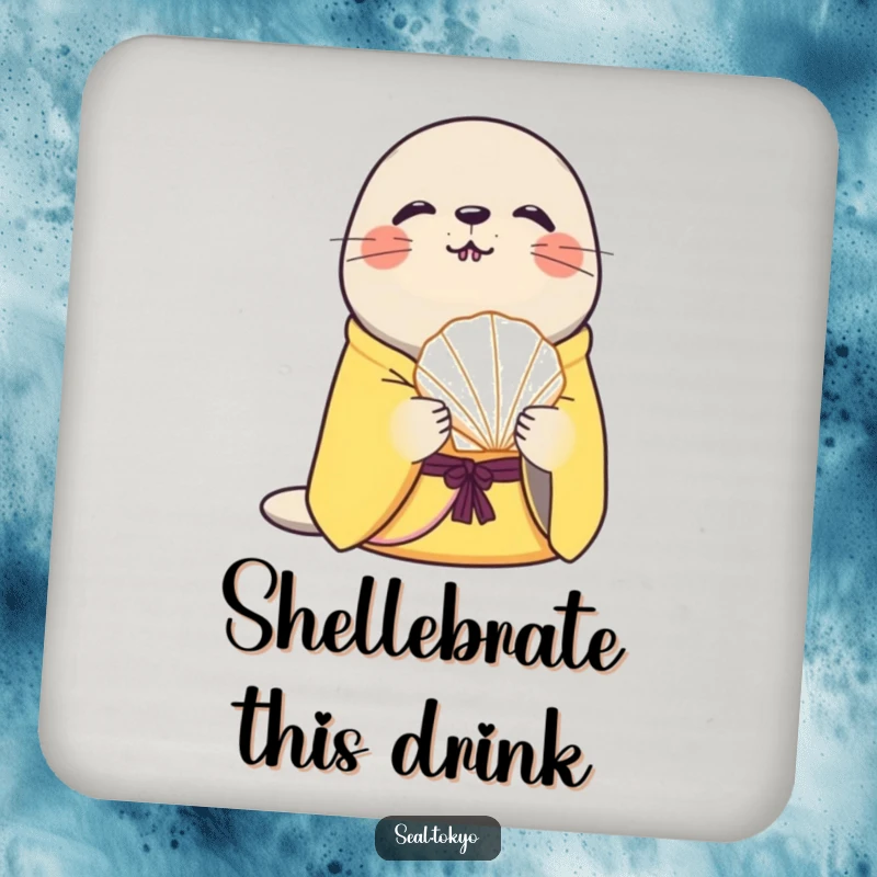 Funny curious seal in a yellow kimono holds a stylized seashell on a drink coaster, adding a touch of humor and elegance.