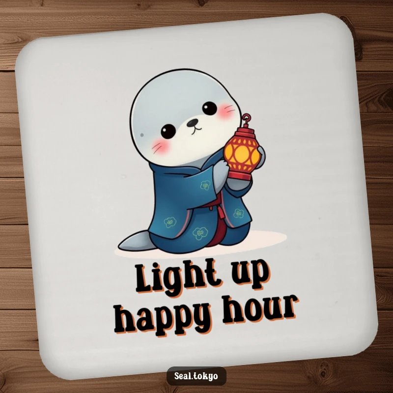Funny elegant seal in a deep blue kimono holds a lit ornate lantern on a drink coaster, adding a touch of sophisticated humor.
