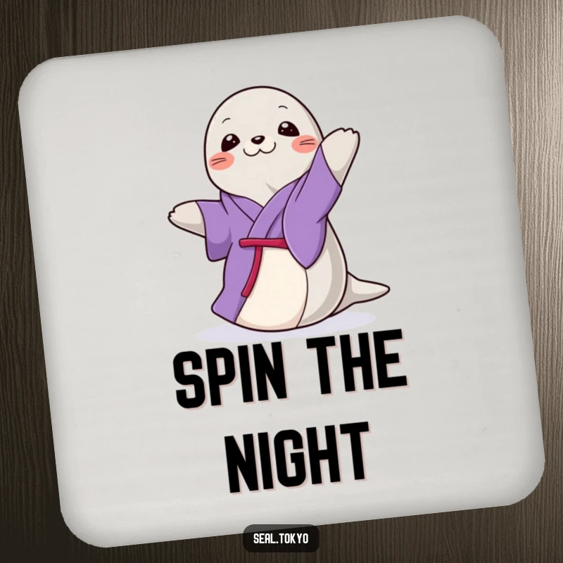 Funny Seal Coaster: A graceful cartoon seal in a purple kimono, doing a gentle, elegant spin, great for tabletops.