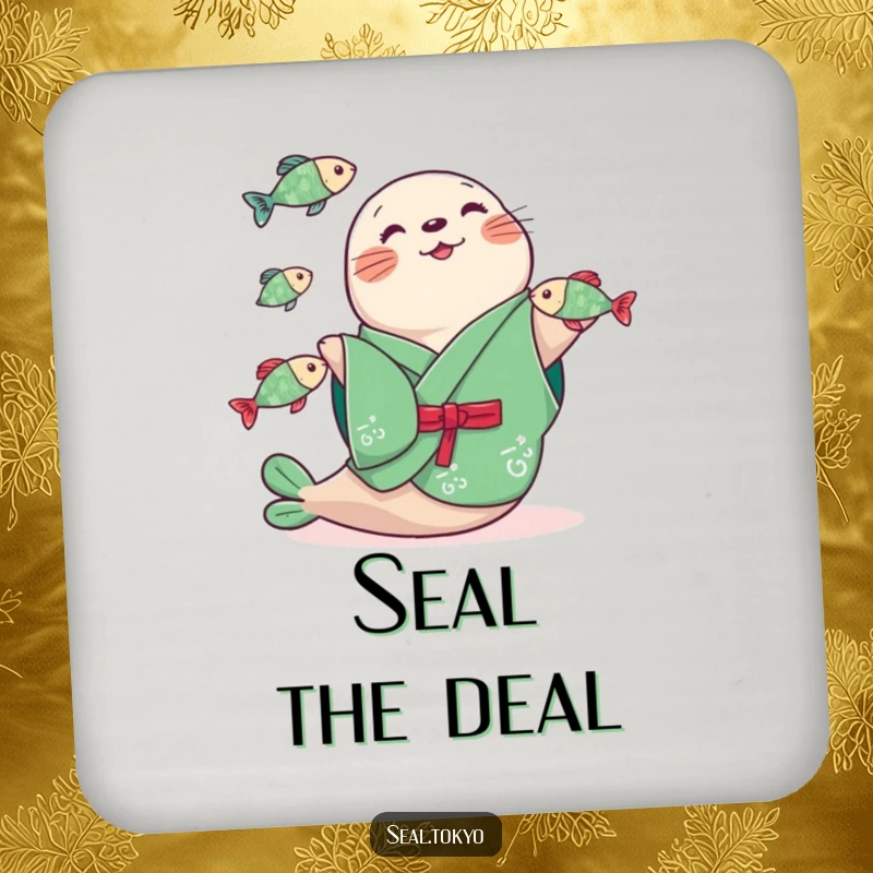 Funny seal in a green kimono juggling three fish, printed on a drink coaster, adding a humorous touch to any table setting.