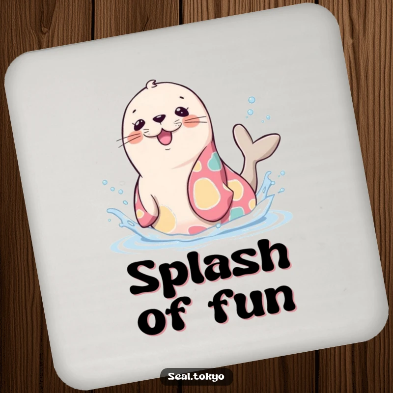 Funny Seal Coaster: A cute cartoon seal in a vibrant kimono, playfully splashing water, great for tabletops.
