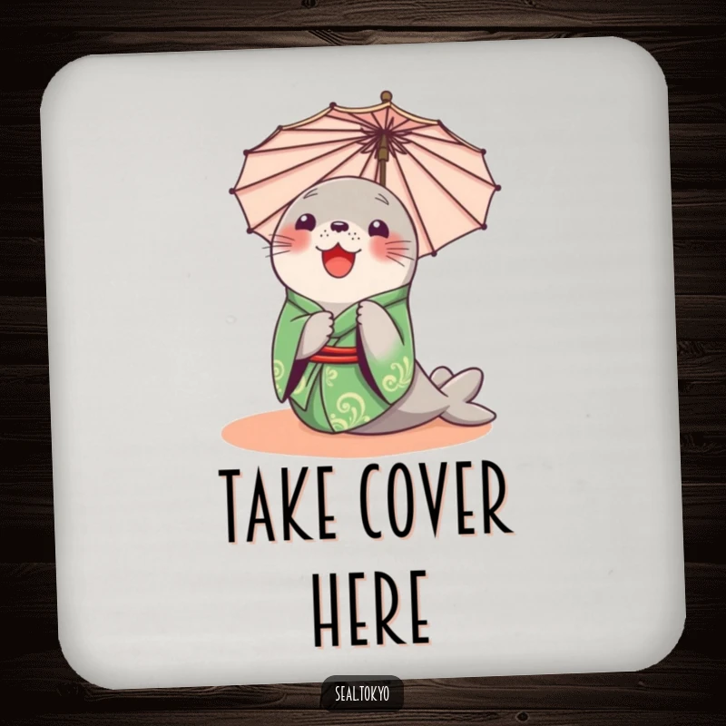 Funny Seal Coaster: A delighted cartoon seal in a green kimono, curiously peeking from behind a parasol, great for tabletops.